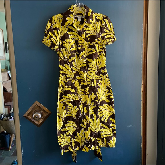 DIANE VON FURSTENBERG DVF Collared Pockets Fit Flare Dress Size 2 Leaf Hawaiian - Picture 10 of 10